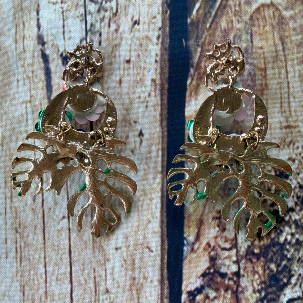 Tropical Monstera Leaf Flower Sequin Rhinestone Statement Drop Earrings - Picture 3 of 4